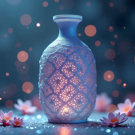 A beautiful bottle, it looks like it is three-dimensionally woven with delicate lace, and the oil painting of the bottle shines like a kaleidoscope, very simple background, beautiful lighting, highly concentrated, beautiful bokeh, shot from above.
surreal,...