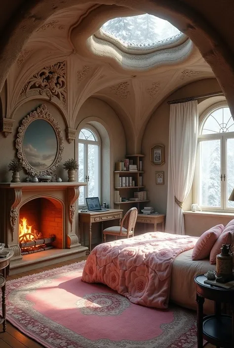 the metaverse, the Wimmelbuch effect, a fabulous, fantasy rococo room, a cave made in the original color of wood in the grunge style, a fireplace with a flame, a bedspread with a pattern of huge pale pink peonies, a carpet, a bed by the window decorated in...