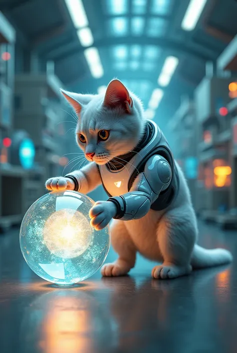 futuristic beautiful cat, playing with a  glass, luminous ball in a cyber suit, in the laboratory of the future, high detail,high resolution, ultra-detail,long-range perspective, digital illustration, lots of details, surrealism