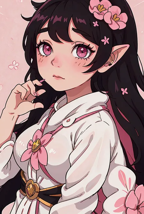 Long hair, Blushing, Black hair, Bangs over the eyes, Pointed ears, Flower for hair, pink eyes, 