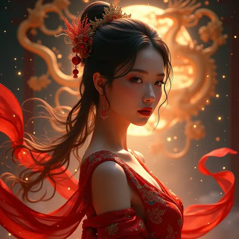 Romantic ancient style, color curve, dark magic, bright stars, close ups of characters, clear subject, a beautiful woman in Dunhuang, super shocking light and shadow effect, Dunhuang color, China-Chic illustration, oriental aesthetics, can see clear facial...