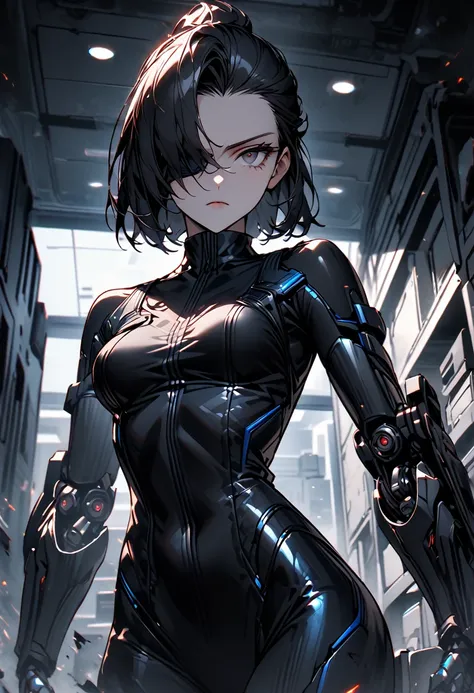 solo, female, slicked back hair, very short hair, black hair, black eyes, black bodysuit:1.3, slick prosthetic arms and legs, metallic blue prosthetics, one red eye, serious, office, bare shoulders, visor over one eye:1.3, medium breasts, padded bodysuit, ...