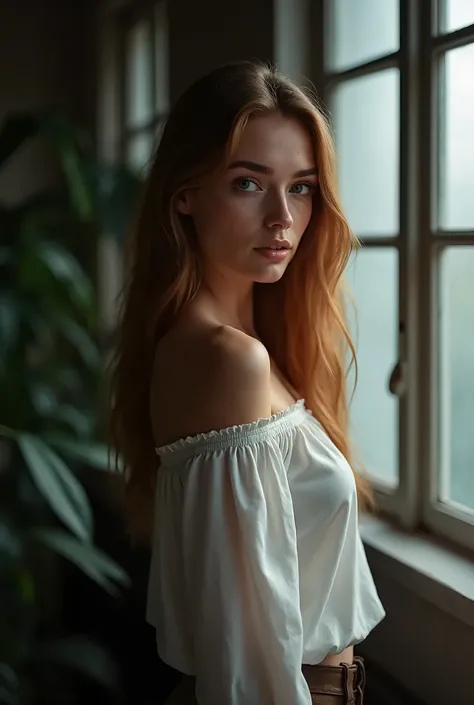 HDR photo of beautiful young woman, from behind, looking over her shoulder, long bronze hair, light-blue eyes, fair complexion, (freckles:0.5) , light makeup, light colored lipstick, gorgeous off the shoulder blouse, standing in a very dark room, large win...