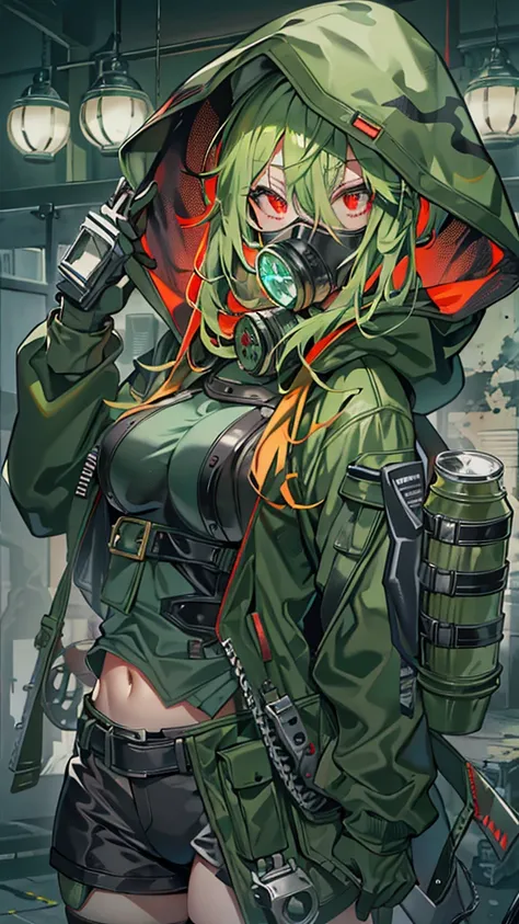 Camouflage hood,Gas mask,Best Quality, Textured skin, high school student,Green Hair, Large Breasts, Glowing red eyes, Character portrait, Leather Gloves,Hood worn, Anime Style, Grenade,Bare chest