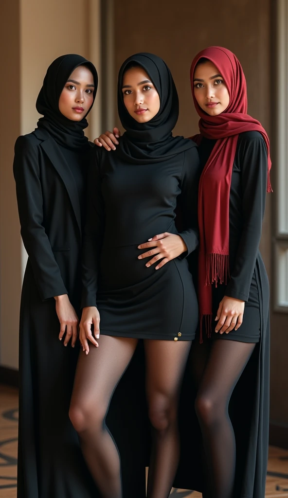 Three girls, Malaysian, hijab, sexy dress, thigh, pantyhose, full body, masterpiece, reality high quality 