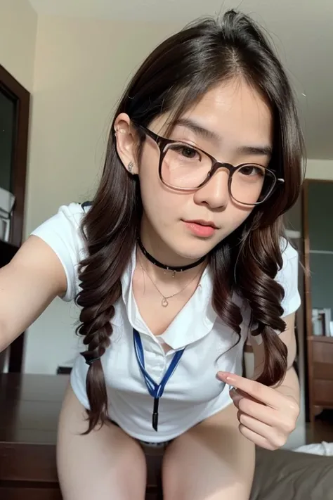 Korean Asian woman wearing glasses,Neckband gaming headphones,sitting on the bed, have glasses, Korean girl, แว่นตาthick, 1., 2, thick, 2, beautiful Asian girl, Asian girl, เด็กสาวและcute, have glasses on, phenomenon, cute, big glass, สาวแมวcuteมาก...,Japa...