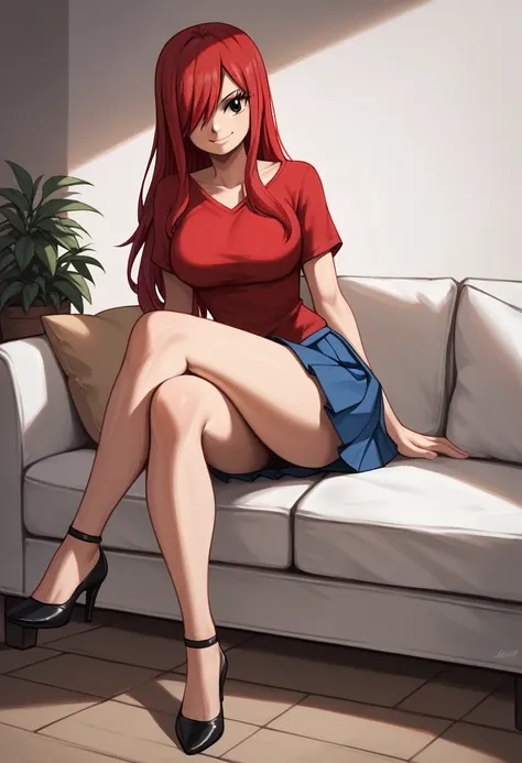 score_9, score_8_up, score_7_up, score_6_up, score_5_up, score_4_up, source_anime, 1girl,fairy tail, 1girl, smile, long hair, red hair, brown eyes, red dress, pleated skirt, blue skirt, hair over one eye, crossed legs, cowboy shot, red hair, long hair, bla...