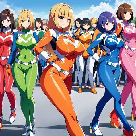 super sentai series, mecha bodysuits, girls surrounding, multiple girls, curvy body