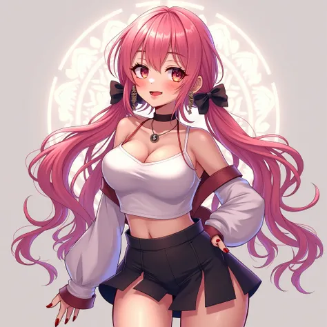 Super Detailed, Retina, Mature, Long Hair, Bright Pink 
Hair, Low Twintails, Big Hair, Bangs, Full Body, Large breasts, Earrings, Cat Ears, Neclace, Blush, Smile, Makeup, , Ribbon, Hair Bow, Hairband, Mini Skirt, Crop Top, High Heels, Fangs, Ahegao, Spit T...