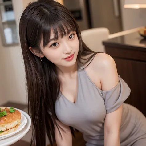 Gray matte dress，,Side view，laughing out loud，knee shot, (There is a table with food on the chest)，(1 female), light brown hair, blunt bangs, hair behind ears, Shoulder length hair, long hair, Slender body shape, 超face slimming型, face slimming, delicate li...