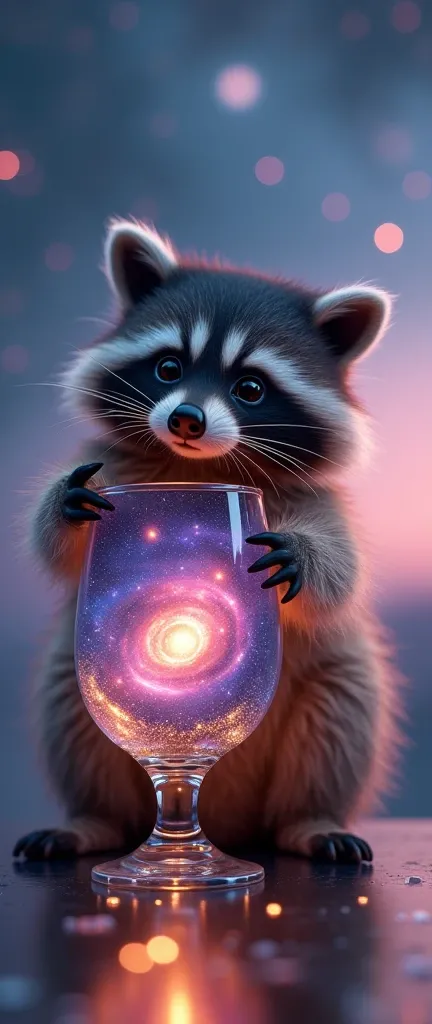 A photograph of a cute extra fluffy baby raccoon holding a crystal-clear glass filled with a swirling galaxy. The top of the glass contains a glowing, deep purple nebula with bursts of orange and blue light. Streaks of stardust spiral below. Glowing fragme...