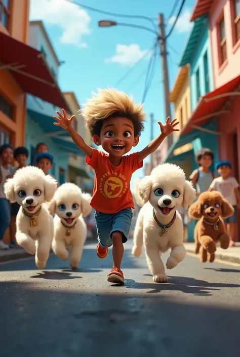 Create a Disney Pixar style image of a black child with blond hair running with his arms up on the black asphalt in a favela with several white children with blue eyes and several poodle dogs running after him, they all have scared looks and there are seve...