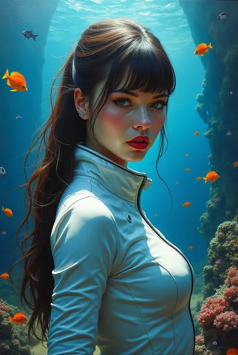 High quality realistic acrylic art, VIVID COLORS, LATERAL back point of view, a beautiful European woman with brown long hair, bangs, suspicious face and shy smile, red lips, she wears a sci-fi shiny white plastic spacesuit with no details and seamless and...