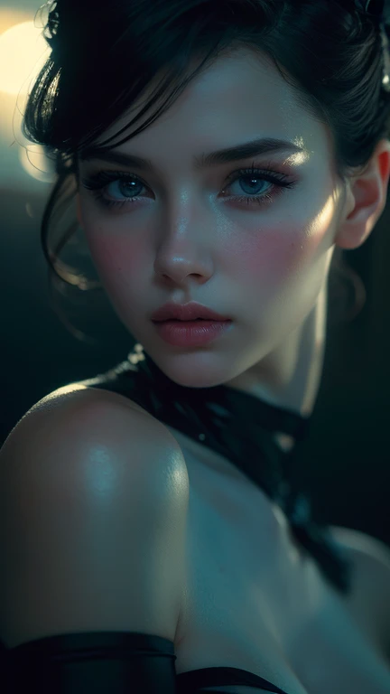 a beautiful girl with closeup, tears in eyes, extremely detailed facial features, expressive eyes, long eyelashes, porcelain skin, delicate features, elegant pose, cinematic lighting, dramatic shadows, rich color palette, photorealistic, 8k, best quality, ...