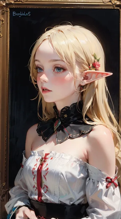 score_9, score_8_up, score_7_up, score_6_up, score_5_up, score_4_up, girl, elf, blushing, pale skin, embroidery, long hair, bergholts, fantasy realism