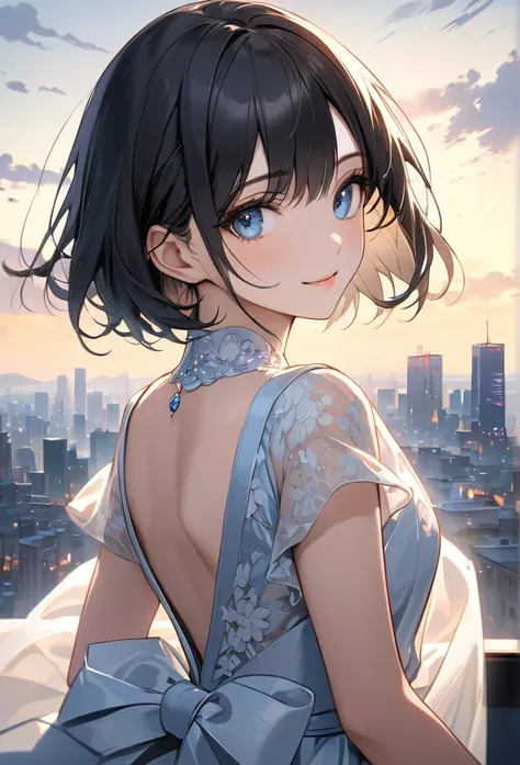 Upper body close-up（((masterpiece), on)""""Perfect face, short black hair, beautiful eyes, Japanese, clean facial features, she wears an elegant dress, looking back at you with a city skyline in the background. Her eyes reflect a subtle melancholy mixed wi...