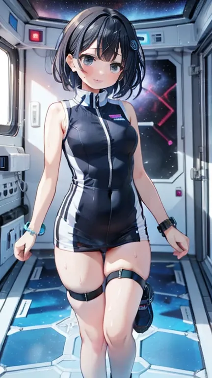 (Best Quality), (masterpiece), 1080P, High resolution, 4K, 8k, Inside the space station、Futuristic room、Thigh straps, Shooting from directly below, The woman on top of me, 白いsweat, Covered , sweat, Woman looking down, Skirt swimsuit, Thigh-high socks, To a...