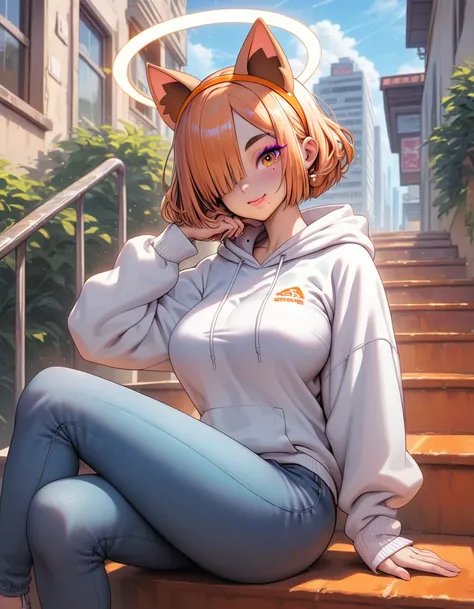 score_9, score_8_up, score_7_up, source_anime, solo, 1girl, kaho kuwakami, mole under mouth, makeup, pink eyeshadow, light smile, looking at you, sitting, stairs, hair over one eye, orange hairband, animal ears, extra ears, halo, thick eyebrows, short eyeb...