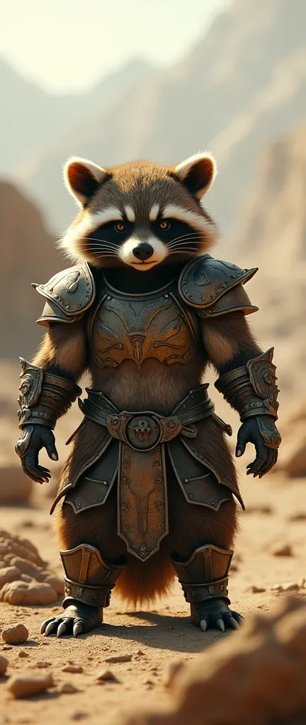 A 4K photo of a miniature, extra fluffy baby raccoon, magically transformed into an Orc from the Lord of the Rings. The Orc, with its menacing countenance and impressive armor, stands proudly on the scorched earth of a desert wasteland. The detailed fur an...