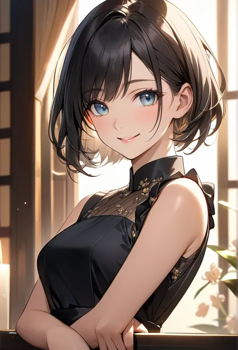 Upper body close-up（((masterpiece), on)"""""Perfect face, short black hair, beautiful eyes, Japanese, clean facial features, she is wearing a luxurious hostess dress, smiling gently. Her soft smile exudes elegance and a calming presence. Confidence shines ...