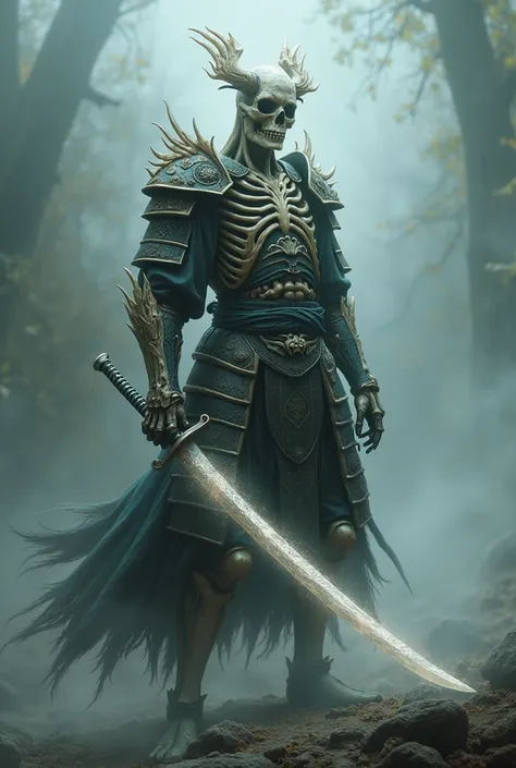 A spectral samurai in dragon bone armor (ultra detailed)., with very marked bones, His armor is made of bones, Large katana made of bones(extremely detailed)