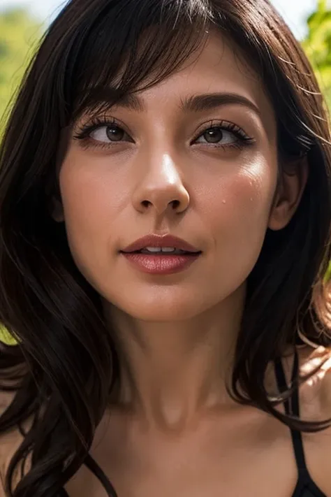 Tabletop,High resolution,High resolution, Award-winning photo, Realistic skin texture,Very detailed, Keep your eyes sharp and focused, Nose and mouth,Face Focus, Woman with open mouth and closed eyes, Black camisole、Age 35,Black-haired、Symmetrical face,Rea...