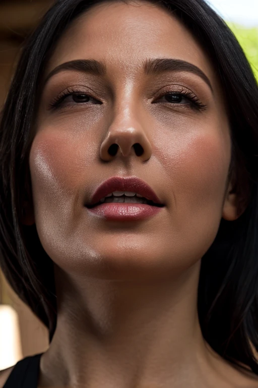 Tabletop,High resolution,High resolution, Award-winning photo, Realistic skin texture,Very detailed, Keep your eyes sharp and focused, Nose and mouth,Face Focus, Woman with open mouth and closed eyes, Black camisole、Age 35,Black-haired、Symmetrical face,Rea...