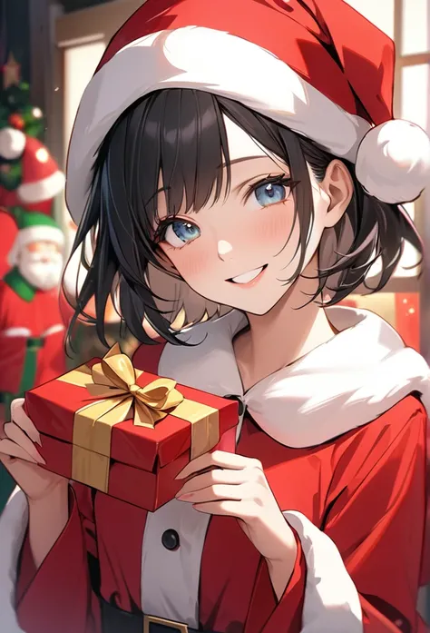 Upper body close-up（((masterpiece), on)""""Perfect face, short black hair, beautiful eyes, Japanese, clean facial features, she is dressed in a Santa Claus costume, wearing a vibrant red outfit. Smiling while holding a gift, her expression radiates warmth ...