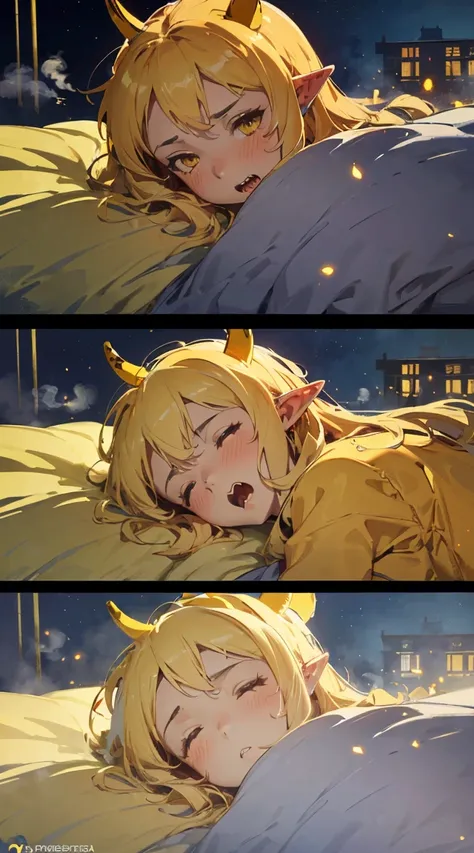 (1girl, lady, (tan skin:1.2), surprised, sharp teeth, yellow long hair, drill hair, yellow eyes, goat horns, elf ears, (gigantic breasts:0.7), yellow pajamas, blush, steam, lying on the bed, sleeping, looking at viewer, chibi), (castle bedroom, night, spec...