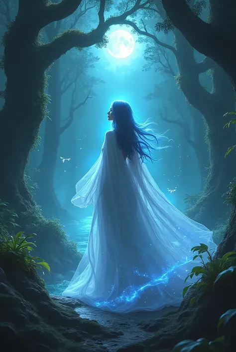 A stunning sorceress stands in the heart of an enchanted forest, her ethereal gown flowing around her as if woven from mist and moonlight. Magical energy swirls around her, casting a soft glow on the ancient trees and vibrant, bioluminescent plants that su...