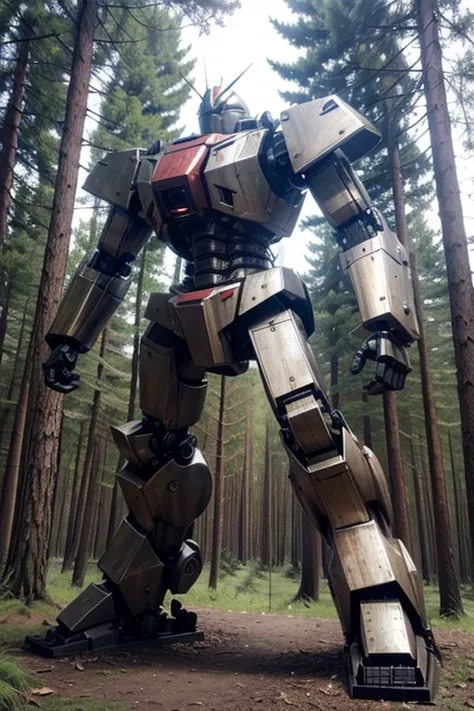 Make a giant robot out of metal and wood in the forest
