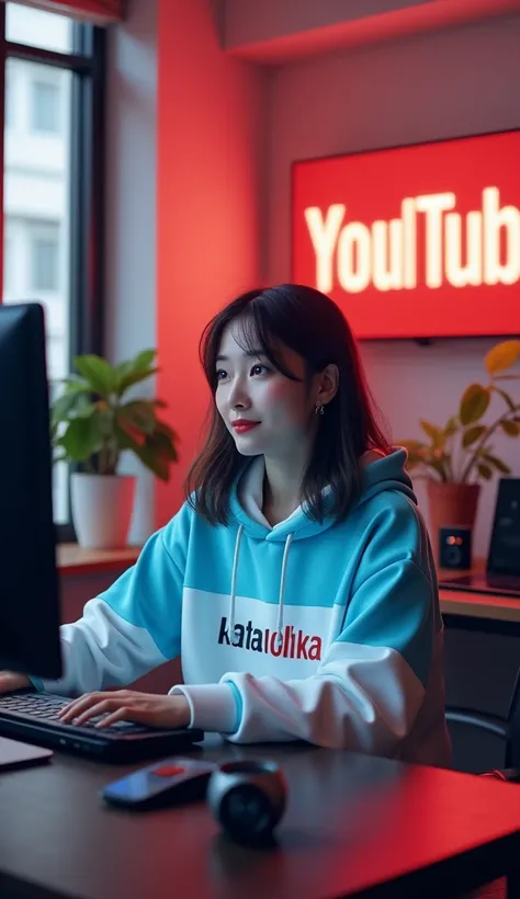 imagine A young Asian woman, early 20s, wearing a light blue and white hoodie with "KATHA LOKA" on it, sitting at a modern computer desk with a laptop and professional microphone. Behind her, a large YouTube logo with "KATHA LOKA" written below and a TikTo...