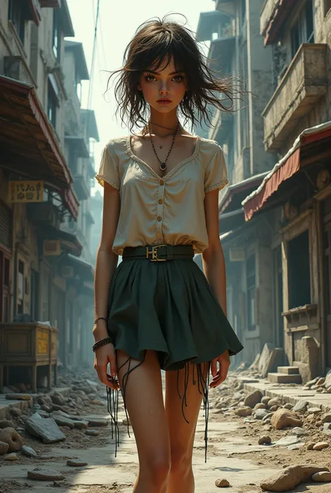 ((masterpiece、3D ,high quality))、masterpiece,high quality,3D Girl,(Oskar Kokoschka style:1.2),(Abstract expressionist art:1.2)Tim Burton style,messy brown hair,messy skirt and blouse, Tonghua City, outdoor,Unhealthy and abandoned city、ruins、Sewer、Dirty sto...