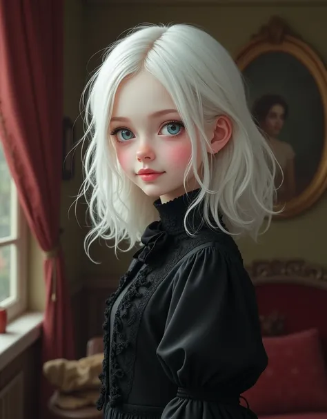 (1 cute albino little girl), , blue eyes, skin white as snow, black victorian clothes, shy smile, very beautiful, cozy atmosphere, in a cozy house, medium white hair, elegant, detailed face, detailed eyes, detailed body, very realistic, fringes