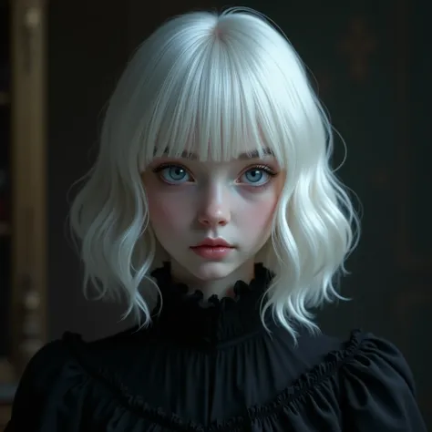 (1 cute albino little girl), , blue eyes, skin white as snow, black victorian clothes, shy smile, very beautiful, cozy atmosphere, in a dark victorian house, medium white hair, elegant, detailed face, detailed eyes, detailed body, very realistic, fringes, ...