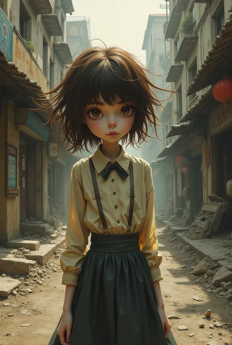 ((masterpiece,3D ,high quality))Tim Burton style, masterpiece,high quality,3D Girl,(Oskar Kokoschka style:1.2),(Abstract expressionist art:1.2)Tim Burton style,messy brown hair,messy skirt and blouse, Tonghua City, outdoor,Unhealthy and abandoned city、ruin...