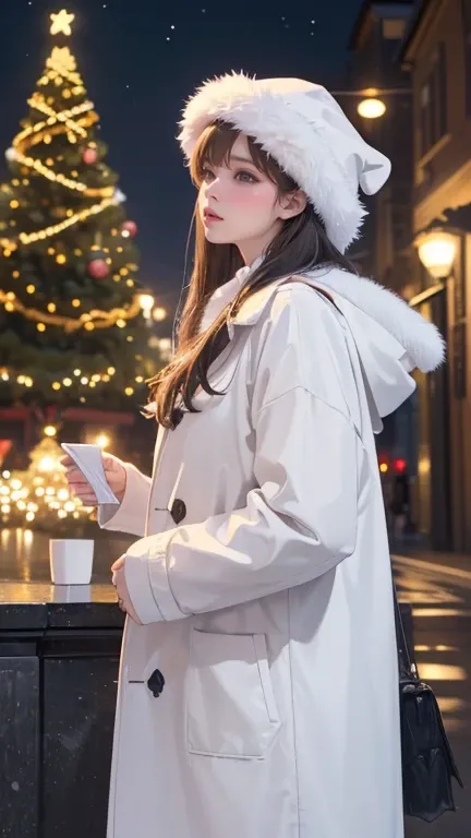 ((The best，masterpiece，（top quality、【8k、【32K、masterpiece,)beautiful woman、Night City、large christmas tree、Look up at the sky、contour,White coat、white wool scat&#39;s snowing、exquisite eyes、Blurred background