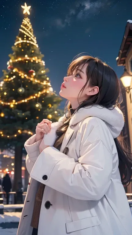 ((The best，masterpiece，（top quality、【8k、【32K、masterpiece,)beautiful woman、Night City、large christmas tree、Look up at the sky、contour,White coat、white wool scat&#39;s snowing、exquisite eyes、Blurred background