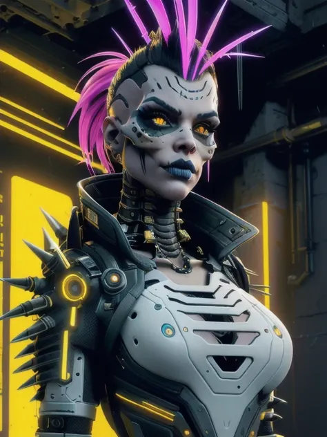 A mexican banshee, cyberpunk mohawk made of steel spikes hair, woman  with a cyber skeleton face makeup ScienceDNAStyle a portrait of a girl skull face makeup, wearing a white shirt with a gold collar!, cyberpunk staircase background bubbles,white shirt wi...