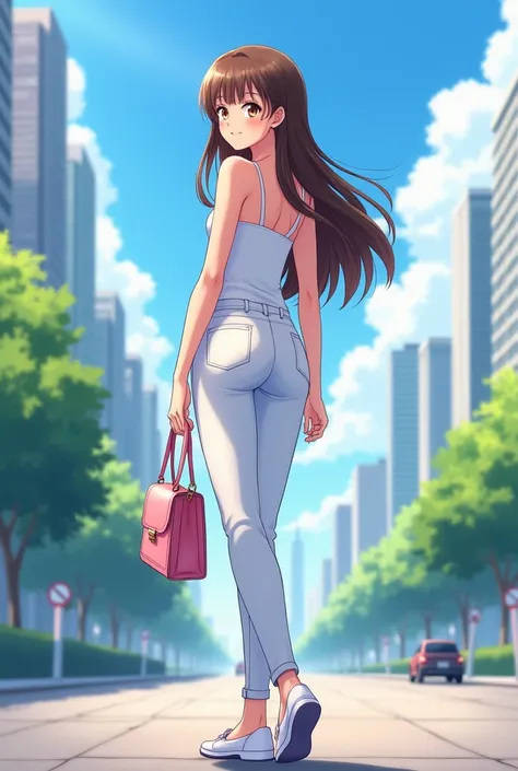 Young anime woman standing on the street , with long brunette hair and brown eyes, wearing white skinny jeans and white spaghetti strap tank top, wearing white summer shoes, looking forward with smile, holding a pink handbag in one hand, wiew from her back...