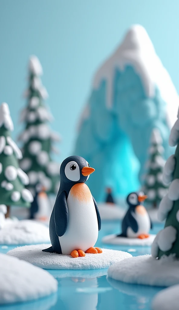 A very detailed clay animation scene featuring a cute penguin, Hand-sculpted with realistic clay texture, The penguin&#39;s surface is smooth but slightly rough., The details of the feathers are exquisitely crafted, , And small fins, Create a sense of touc...