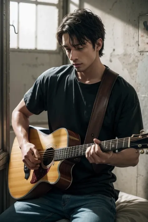 A  Men with a guitar in one of the hands in bottom of a prision cell. Realism