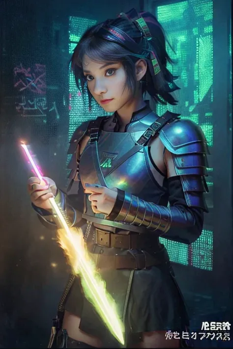 
A beautiful young woman, knight, armor without helmet, neon details, RGB lights on, robe, HUD visor on, / light sword, energy sword, ciberpunk details, control panel wrist, holographic badge, / medieval castle with graffiti, magic circles, / brave looking...