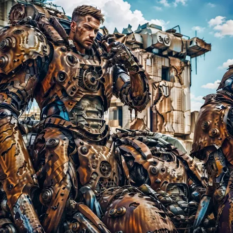 rusty4rmor, photo of a handsome (German man), , corrosion, torn clothes,Futuristic rust weapons, post-apocalyptic desolate fantasy background, city, realistic, Masterpiece, intricate details, detailed background, depth of field,