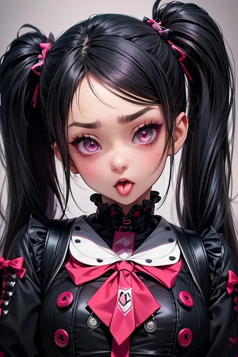 Girl, twin tails hairstyle, colorful Extensions hair, gothic punk kawaii clothes, Red cheeks, pout, open mouth, She sticks out her tongue a little, hard orgasm face, vulgar face, A dreamy intoxicated look, lauren_burch, beautiful, looking at viewer, close ...