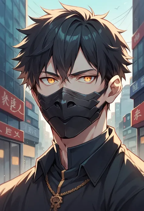 anime style, street clothes, short black hair, city background, Portrait photo, golden eyes, man, black demon mask.