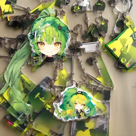 ((Acrylic key chain with girl illustration)) put on desk, solo:2, (beautiful delicate ponytail) (beautiful green hair long hair) (best cute axe fighter girl is 15 yo) (cute yellow eyes) (soft smile).