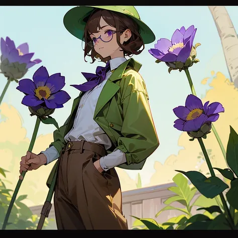 (Masterpiece, best quality), detailed, 1girl focus, 1 gardener woman, dynamic pose, slight smile, pale skin, indigo purple eyes, glasses, rounded square brown lenses, short dark brown curly hair with purple highlight, lavender flower, flat chest, green gar...