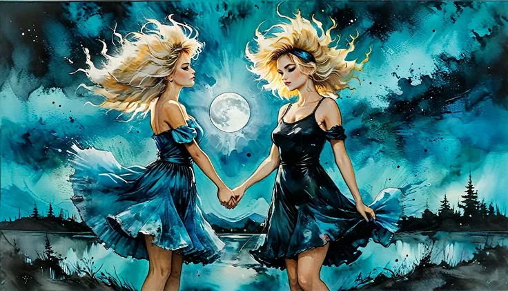 (The art of alcohol ink), the painting is painted with alcohol ink on textured paper and depicts a beautiful minimalistic landscape with a beautiful blonde woman with big messy hair, thin black headband, a short blue dress, white stockings, kneeling, holdi...