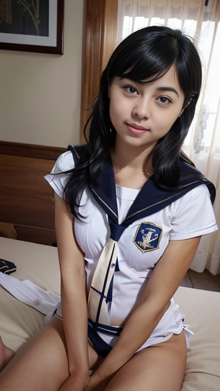 shooting from various angles,  a strikingly beautiful girl  in the bed room, ((beautiful face girl wearing an accurate school un...